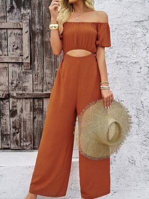 Streetwear Regular Fit Solid Off Shoulder Short Sleeve Cut Out Jumpsuit - Image 2
