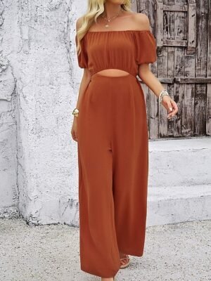 Streetwear Regular Fit Solid Off Shoulder Short Sleeve Cut Out Jumpsuit - Image 4