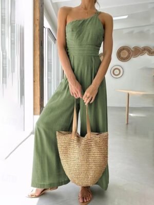 Streetwear Regular Fit Solid One Shoulder Sleeveless Jumpsuit - Image 4