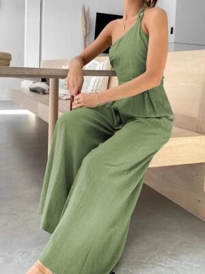 Streetwear Regular Fit Solid One Shoulder Sleeveless Jumpsuit - Image 6