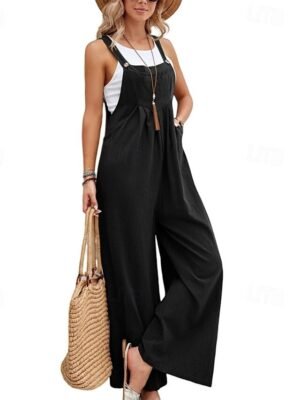 Streetwear Regular Fit Solid Sleeveless Square Neck Wide Leg Dungarees - Image 1