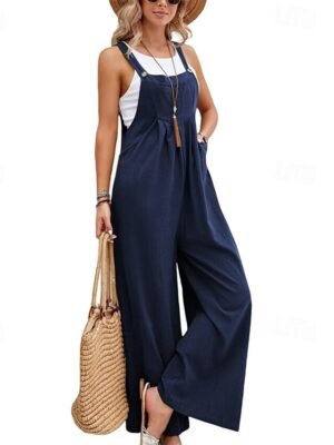 Streetwear Regular Fit Solid Sleeveless Square Neck Wide Leg Dungarees - Image 2
