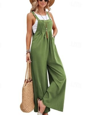 Streetwear Regular Fit Solid Sleeveless Square Neck Wide Leg Dungarees - Image 3