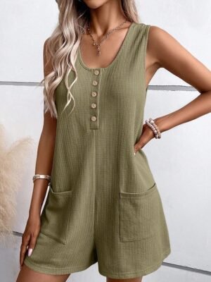 Streetwear Regular Fit Solid U Neck Sleeveless Short Romper - Image 1