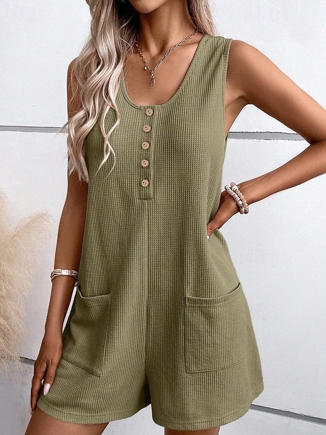 Streetwear Regular Fit Solid U Neck Sleeveless Short Romper - Image 1