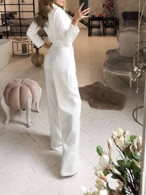 Streetwear Regular Fit Solid V Neck Long Sleeve Jumpsuit - Image 2