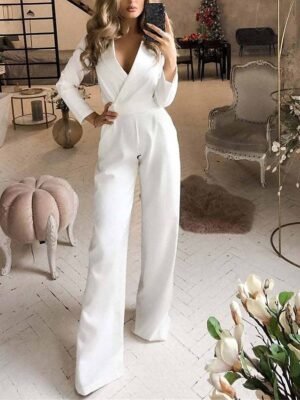 Streetwear Regular Fit Solid V Neck Long Sleeve Jumpsuit - Image 4
