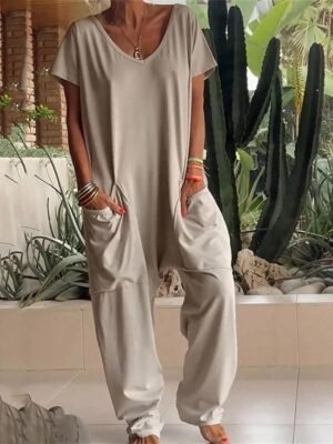 Streetwear Regular Fit Solid V Neck Short Sleeve Jumpsuit - Image 1