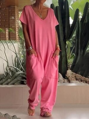 Streetwear Regular Fit Solid V Neck Short Sleeve Jumpsuit - Image 4