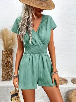 Streetwear Regular Fit Solid V Neck Short Sleeve Romper - Image 9