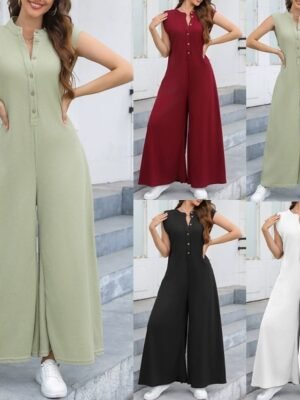 Streetwear Regular Fit Solid V Neck Sleeveless Summer Jumpsuit - Image 1
