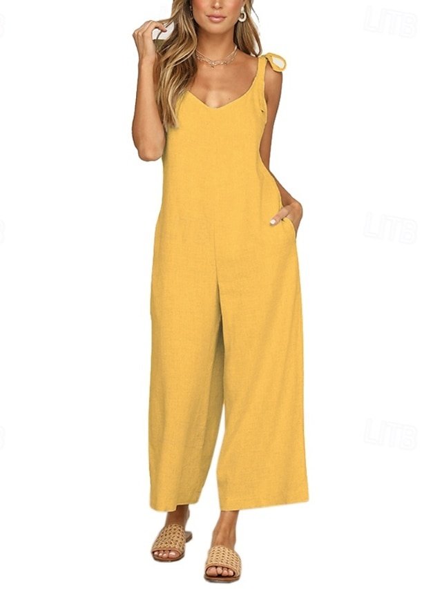 Streetwear Regular Fit Solid V Neck Sleeveless Jumpsuit - Image 1