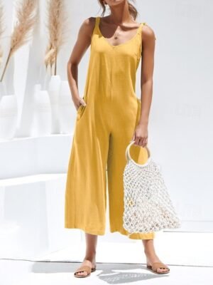Streetwear Regular Fit Solid V Neck Sleeveless Jumpsuit - Image 2