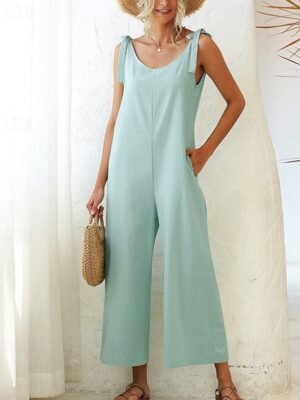 Streetwear Regular Fit Solid V Neck Sleeveless Backless Dungarees Jumpsuit - Image 2