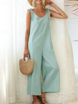 Streetwear Regular Fit Solid V Neck Sleeveless Backless Dungarees Jumpsuit - Image 3