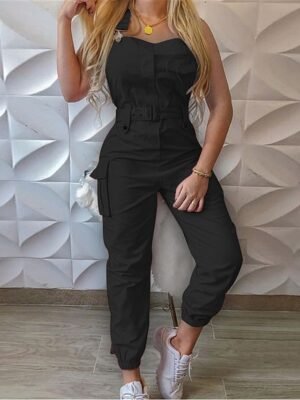 Streetwear Regular Fit Solid V Neck Sleeveless High Waist Jumpsuit - Image 6