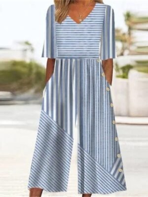 Streetwear Regular Fit Striped V Neck Short Sleeve Wide Leg Jumpsuit - Image 1