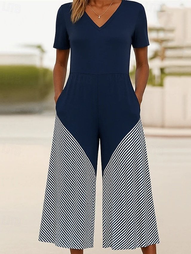 Streetwear Regular Fit Striped V Neck Short Sleeve Wide Leg Jumpsuit - Image 1