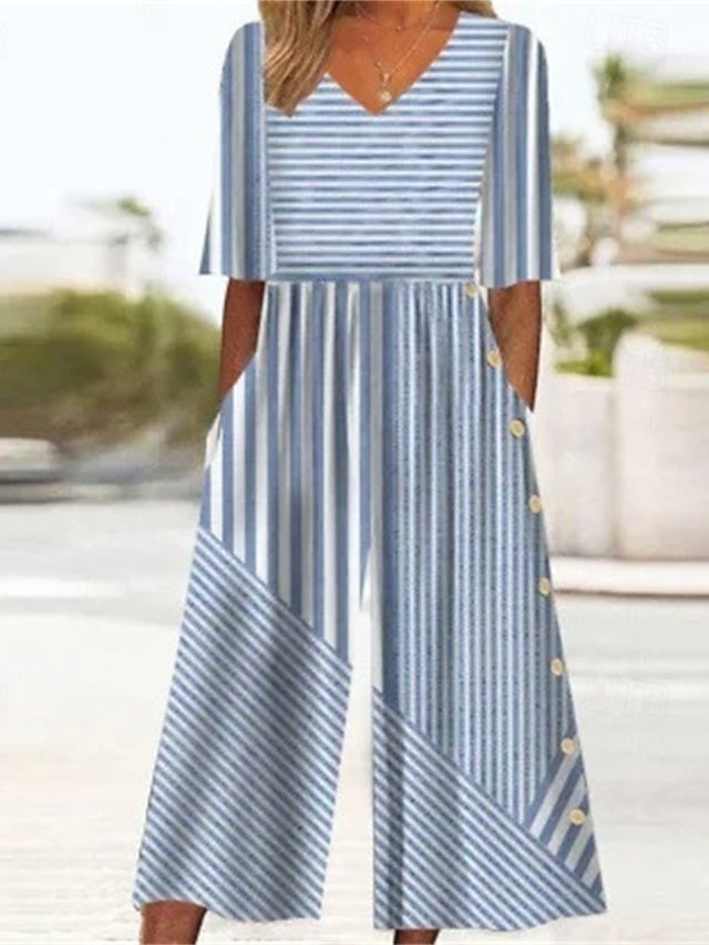 Streetwear Regular Fit Striped V Neck Short Sleeve Wide Leg Jumpsuit - Image 1