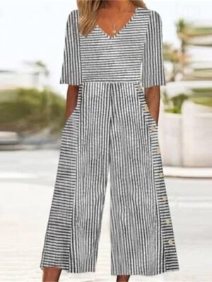 Streetwear Regular Fit Striped V Neck Short Sleeve Wide Leg Jumpsuit - Image 2