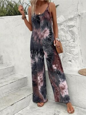 Streetwear Regular Fit Tie Dye U Neck Sleeveless Jumpsuit - Image 2