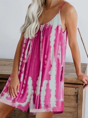 Streetwear Regular Fit Tie Dye V Neck Sleeveless Romper - Image 15