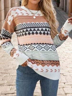 Streetwear Regular Geometric Crew Neck Long Sleeve Knit Top - Image 5