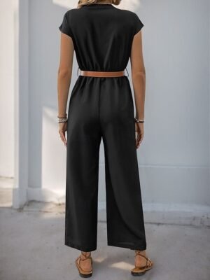 Streetwear Regular Solid V Neck Short Sleeve High Waist Jumpsuit - Image 2