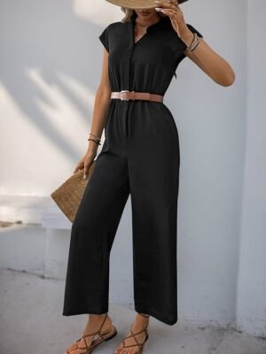 Streetwear Regular Solid V Neck Short Sleeve High Waist Jumpsuit - Image 3