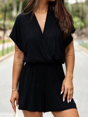 Streetwear Regular Solid V Neck Short Sleeve Romper - Image 4