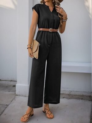 Streetwear Regular Solid V Neck Short Sleeve High Waist Jumpsuit - Image 5