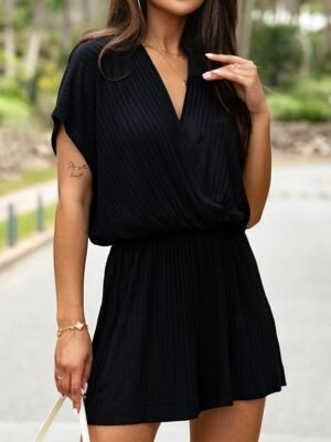 Streetwear Regular Solid V Neck Short Sleeve Romper - Image 6