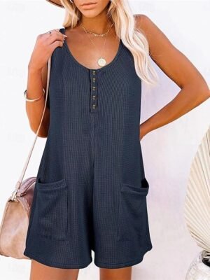 Streetwear Regular Solid V Neck Sleeveless Jumpsuit - Image 1