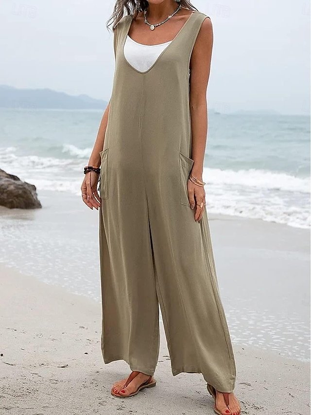Streetwear Regular Solid V Neck Sleeveless Overall - Image 1