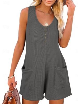 Streetwear Regular Solid V Neck Sleeveless Jumpsuit - Image 10