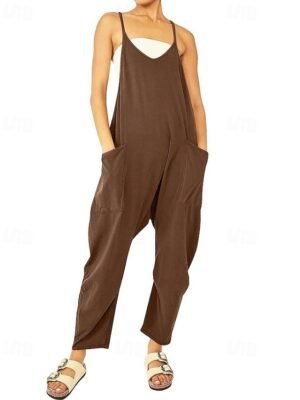 Streetwear Regular Solid V Neck Sleeveless Jumpsuit - Image 11
