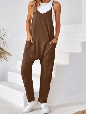 Streetwear Regular Solid V Neck Sleeveless Jumpsuit - Image 12
