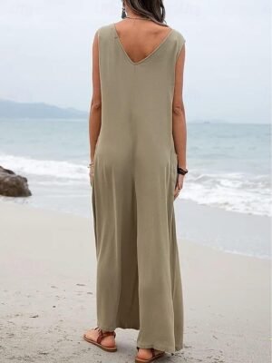 Streetwear Regular Solid V Neck Sleeveless Overall - Image 2