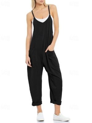 Streetwear Regular Solid V Neck Sleeveless Jumpsuit - Image 2