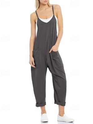 Streetwear Regular Solid V Neck Sleeveless Jumpsuit - Image 20