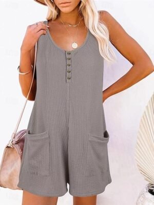 Streetwear Regular Solid V Neck Sleeveless Jumpsuit - Image 23
