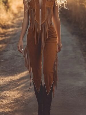 Streetwear Regular Solid V Neck Sleeveless Light Brown Jumpsuit - Image 3