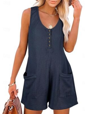 Streetwear Regular Solid V Neck Sleeveless Jumpsuit - Image 3