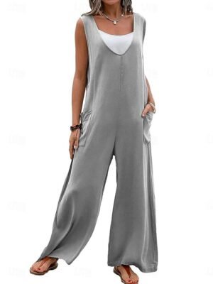 Streetwear Regular Solid V Neck Sleeveless Overall - Image 4