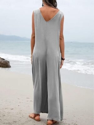 Streetwear Regular Solid V Neck Sleeveless Overall - Image 6