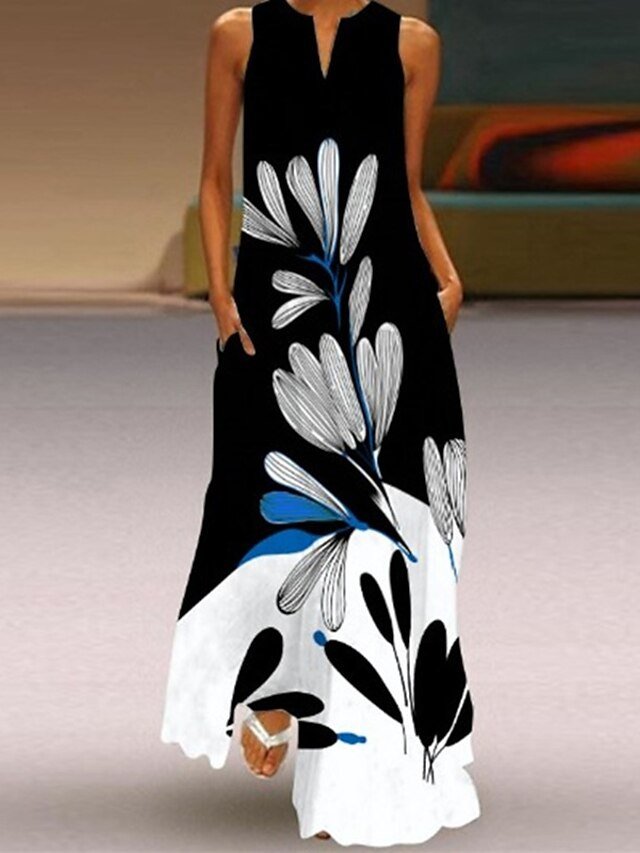 Stylish A Line Floral V Neck Sleeveless Maxi Dress - Image 1