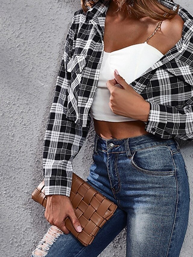 Stylish Basic Plaid Shirt Collar Long Sleeve Regular Tops - Image 2