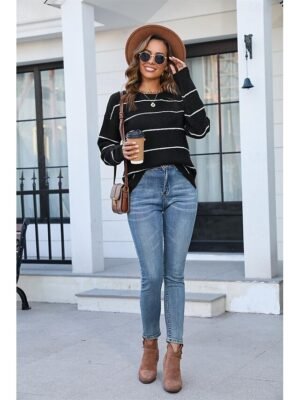 Stylish Basic Striped Crew Neck Long Sleeve Tops - Image 11