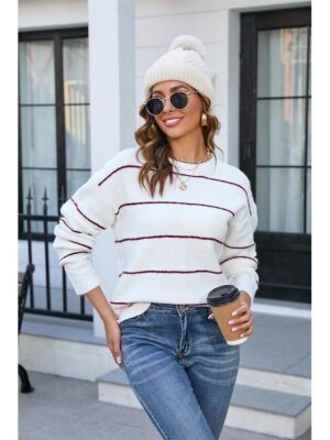 Stylish Basic Striped Crew Neck Long Sleeve Tops - Image 3