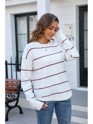 Stylish Basic Striped Crew Neck Long Sleeve Tops - Image 4